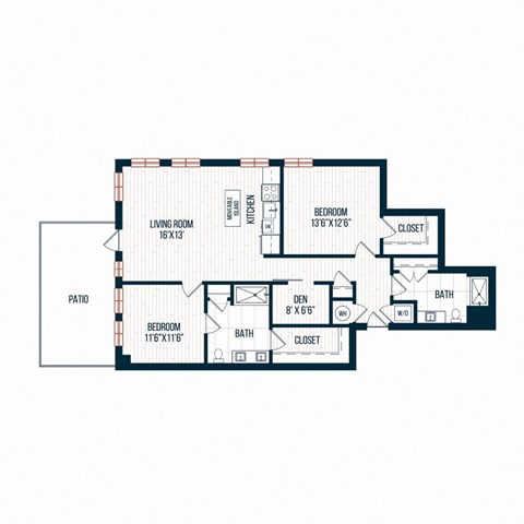 Floor plan for 2 beds, 3 baths, 1283 sqft